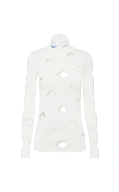 Shop Prada Distressed Jersey Turtleneck Top In White