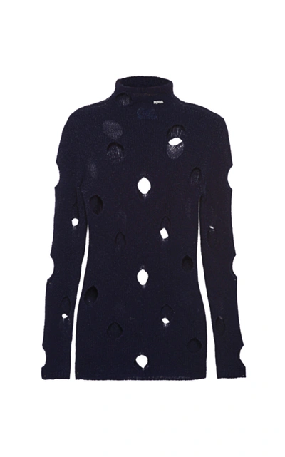 Shop Prada Women's Distressed Wool Turtleneck Top In Black,navy
