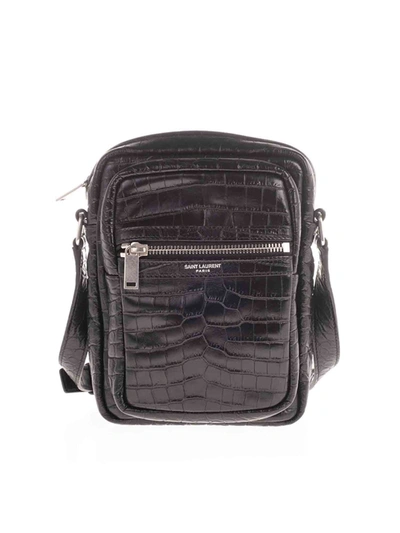 Shop Saint Laurent Reptile Print Shoulder Bag In Black