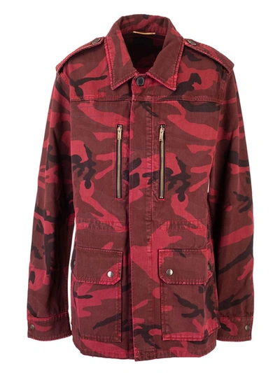 Saint Laurent Camouflage Print Military Jacket In Red | ModeSens
