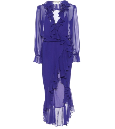 Shop Saint Laurent Ruffled Silk Midi Dress In Blue