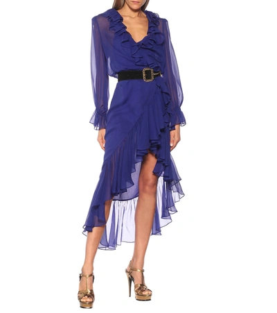 Shop Saint Laurent Ruffled Silk Midi Dress In Blue