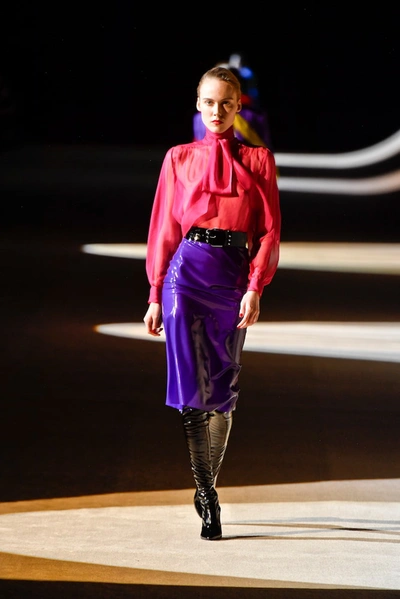 Shop Saint Laurent Latex Pencil Skirt In Purple
