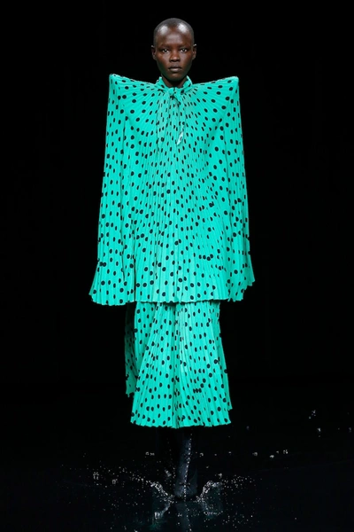 Shop Balenciaga Polka-dot Pleated Midi Skirt In Green