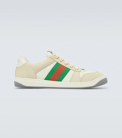 Shop Gucci Screener Nylon And Leather Sneakers In Beige