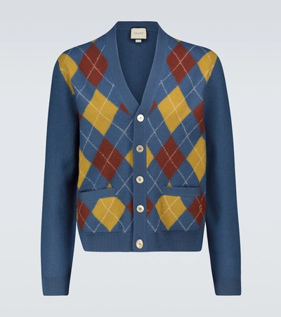 Shop Gucci Checked Wool Cardigan In Blue