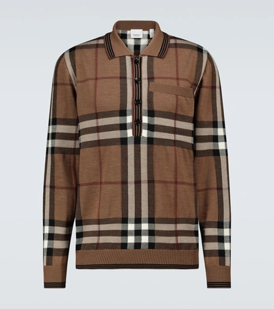 Shop Burberry Checked Long-sleeved Polo Shirt In Brown