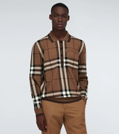 Shop Burberry Checked Long-sleeved Polo Shirt In Brown