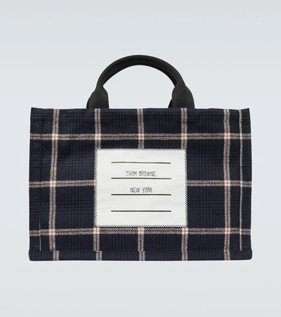 Shop Thom Browne Checked Wool Tote Bag In Blue