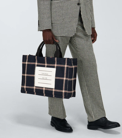 Shop Thom Browne Checked Wool Tote Bag In Blue
