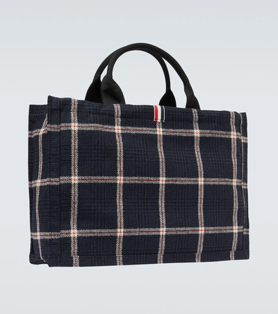 Shop Thom Browne Checked Wool Tote Bag In Blue