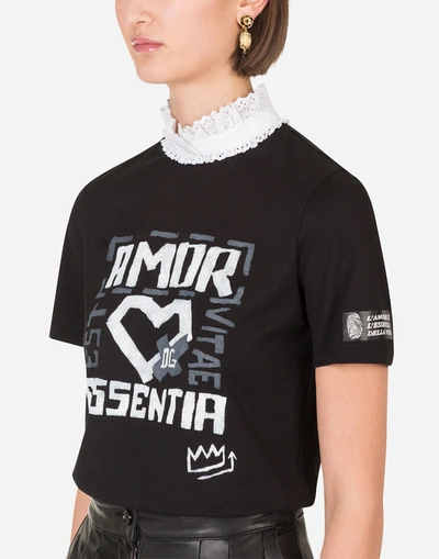 Shop Dolce & Gabbana Jersey T-shirt With Embroidery And A Lace Collar In Black