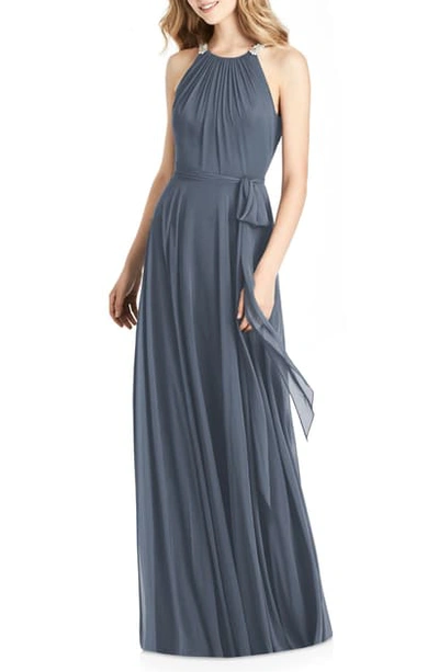 Shop Jenny Packham Crystal Strap Chiffon A-line Gown In Silverstone