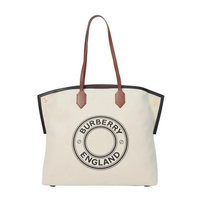 Shop Burberry Logo Graphic Cotton Canvas Society Tote In Natural
