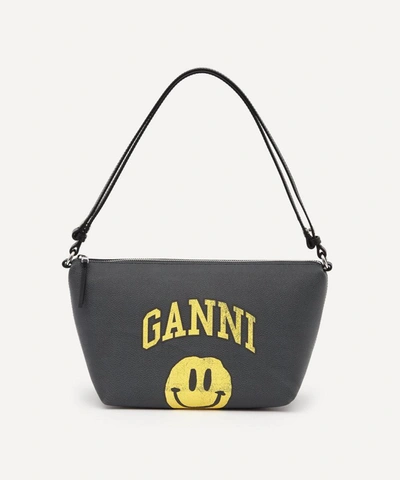 Shop Ganni Smiley Face Coated Canvas Shoulder Bag In Phantom