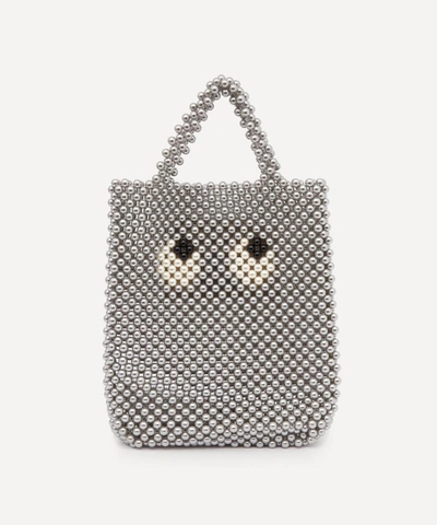 Shop Anya Hindmarch Small Pearl Eyes Beaded Tote Bag In Grey
