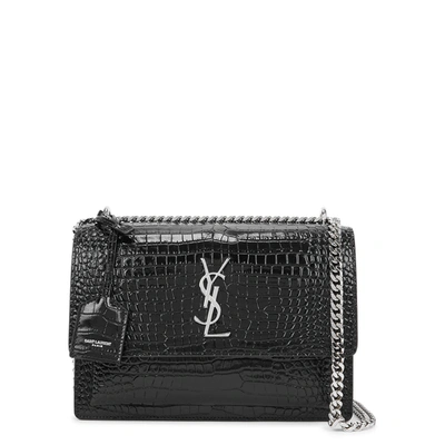 Shop Saint Laurent Sunset Medium Crocodile-effect Leather Shoulder Bag In Black