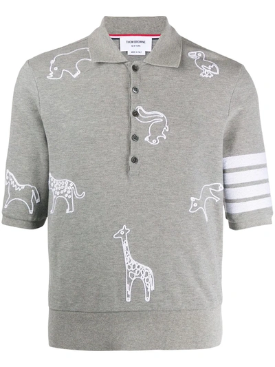 Shop Thom Browne 4-bar Animal Print Polo Shirt In Grey