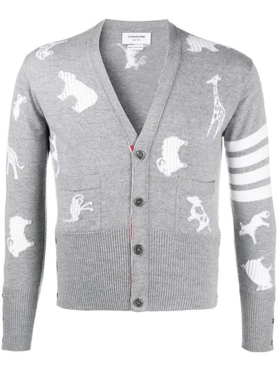Shop Thom Browne Multi-animal Jacquard-woven Cardigan In Grey