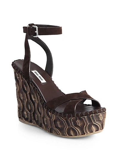 Shop Miu Miu Suede Wooden Wedge Sandals In Brown