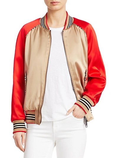 Shop Burberry Harlington Logo Patch Satin Bomber Jacket In Honey Red