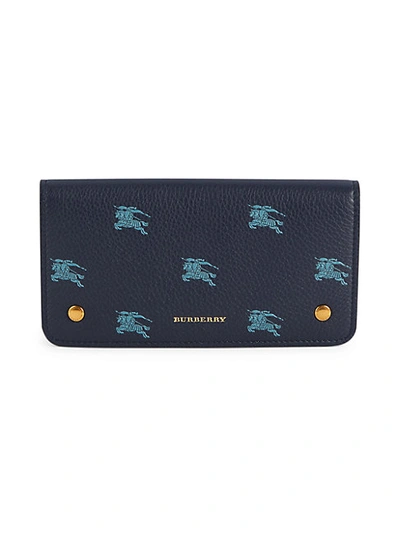 Shop Burberry Rowe Logo Graphic Pebbled Leather Card Holder In Regency Blue