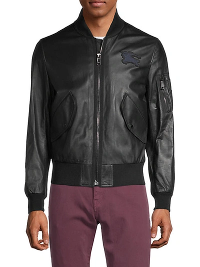 Shop Burberry Sandford Leather Bomber Jacket In Black