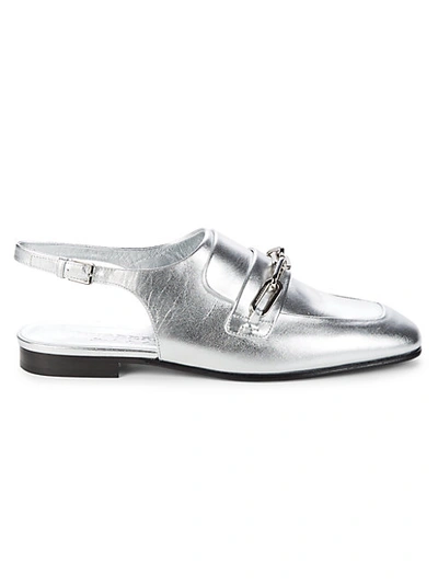 Shop Burberry Cheltown Metallic-leather Slingback Loafers In Silver
