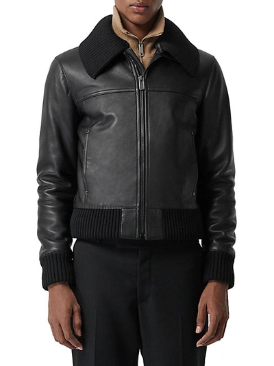 Shop Burberry Leather Moto Jacket In Black