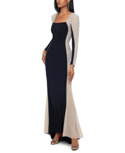 Shop Xscape Embellished Colorblocked Gown In Black/nude/silver