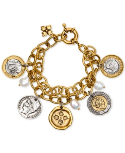 Shop Patricia Nash Two-tone World Coin & Freshwater Pearl (9mm) Double-chain Charm Bracelet In Gold