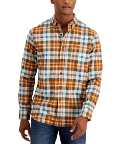 Shop Club Room Men's Stretch Brushed Cotton Plaid Shirt, Created For Macy's In Orange Olive Combo