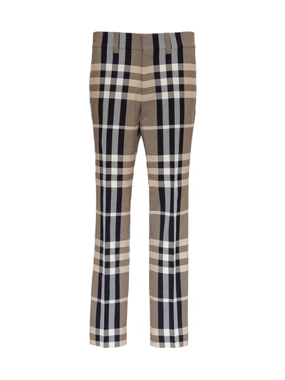 Shop Burberry Tailored Pants In Technical Cotton With Tartan Motif In Beige