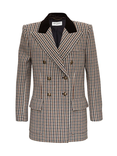 Shop Saint Laurent Double-breasted Blazer In Houndsthooth Tweed Wool In Brown