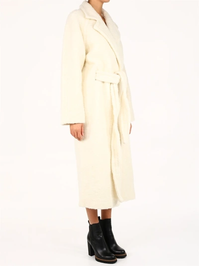 Shop Ganni Boucle Wool Long Wrap Coat In White