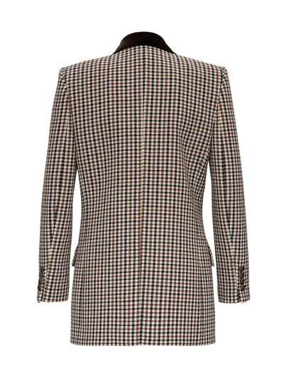 Shop Saint Laurent Double-breasted Blazer In Houndsthooth Tweed Wool In Brown
