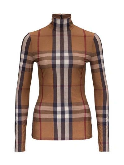 Shop Burberry Vintage Check Pattern Turtleneck Top In Stretch Jersey In Beige