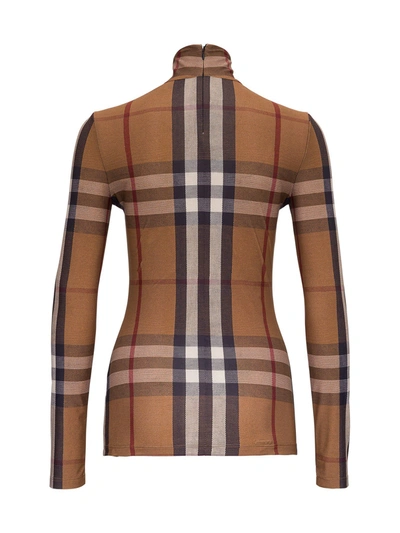 Shop Burberry Vintage Check Pattern Turtleneck Top In Stretch Jersey In Beige