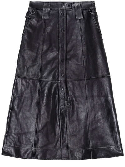 Shop Ganni Long Leather Skirt Black