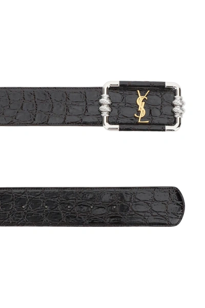 Shop Saint Laurent Babilas Crocodile Print Leather Belt In Brown