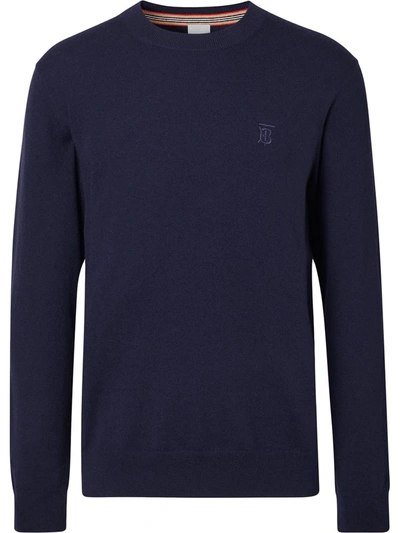 Shop Burberry Monogram-embroidered Fine-knit Jumper In Blue
