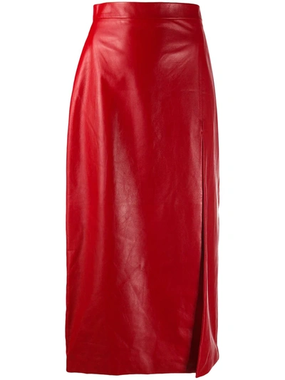 Shop Gucci Slit-detail Leather Midi-skirt In Red