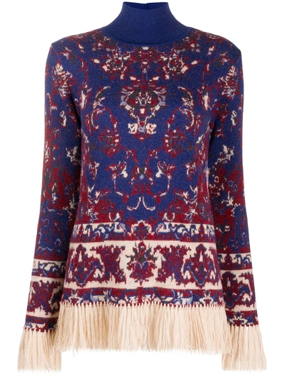 Shop Paco Rabanne Persian Tapestry Print Fringed Jumper In Blue