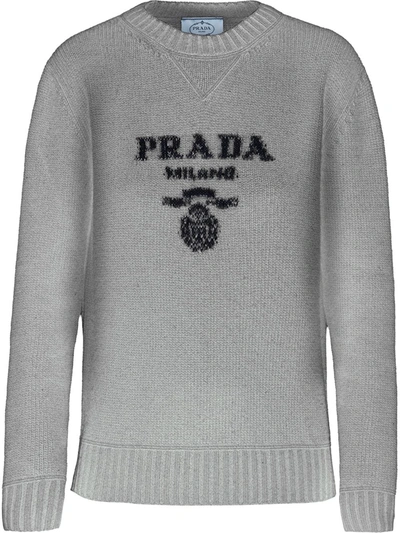 Shop Prada Intarsia-knit Logo Jumper In Grey