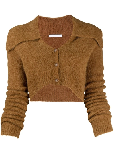 Shop Helmut Lang Cropped Oversized Collar Knit Cardigan In Brown