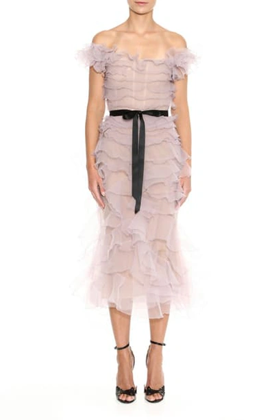 Shop Marchesa Ruffle Off The Shoulder Tulle Cocktail Dress In Heather Grey