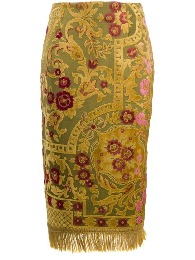 Shop Marine Serre Tapestry Panelled Pencil Skirt In Green