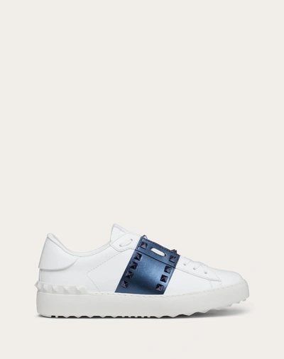 Shop Valentino Garavani Rockstud Untitled Sneaker In Calfskin Leather With Metallic Stripe In White/marine