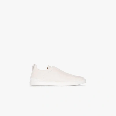 Shop Ermenegildo Zegna White Deer Trip Stitch Leather Sneakers