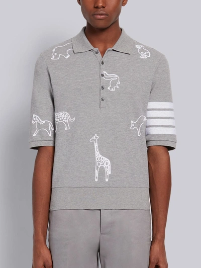 Shop Thom Browne Light Grey Cotton Pique Multi-animal Icon V-neck 4-bar Polo